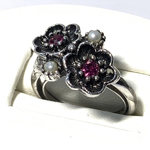 VINTAGE Avon RING Silver Tn ADJ 2 Flower PINK Rhinestone FAUX PEARL Costume