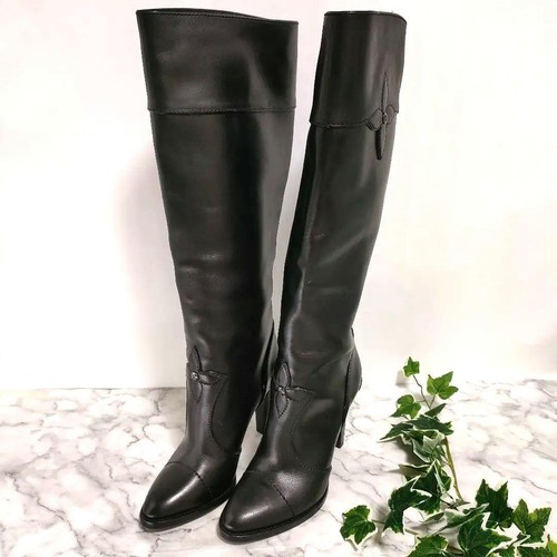 LOUIS VUITTON NQ0078 Monogram Flower Leather Long Boots 36 Black Women