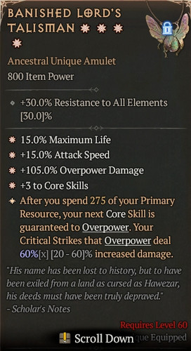 Diablo 4 S9 Season 9 Banished Lord's Talisman 4GA special affix max roll 60%