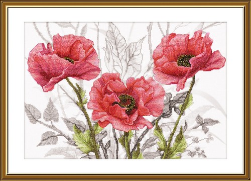 Set for embroidery with threads and beads Poppies flowers cross ctitch kit