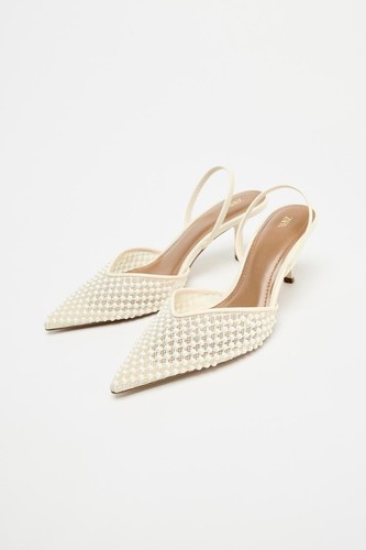 Zara Slingback Heels pearl White Wedding size 8.5 Mesh stiletto heel