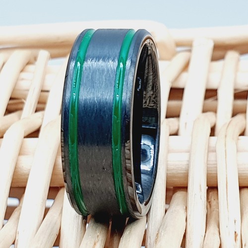 Ice Finished Pipe Cut Black Tungsten Wedding Ring Green Double Stripe Groom Ring