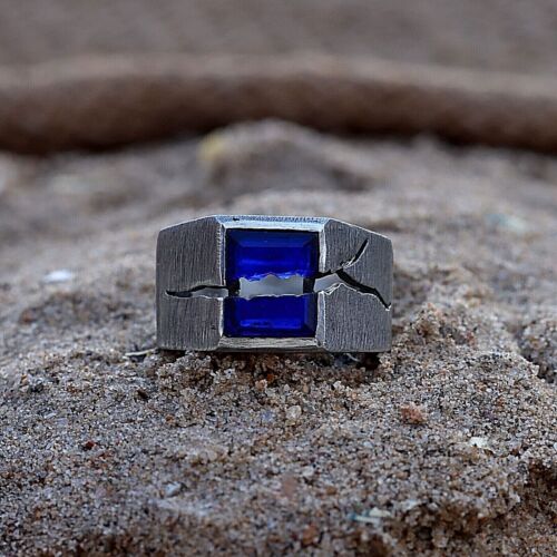 BLUE SAPPHIRE CREACK MENS RING 925 SILVER RING MENS HAMMERED RINGGIFT FOR HIM