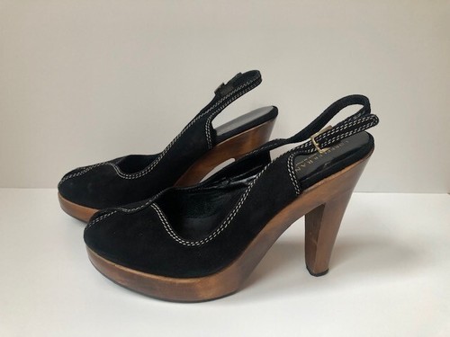 Sexy Loeffler Randall Black Suede Wooden Platform Heels Italian Size 7 1 2 B