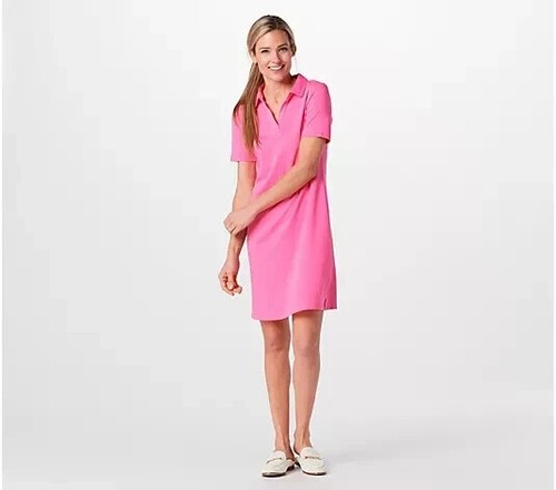 Isaac Mizrahi Essentials Pima Cotton Split Neck Dress Pink Large A397187