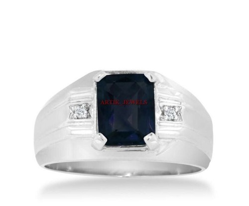 Heated Blue Sapphire Gemstone with 925 Sterling Silver Ring for Men's AJ296