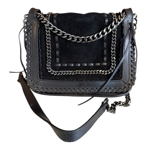 ZARA Suede & Leather Whipstitch and Chain Detail Crossbody Bag Black