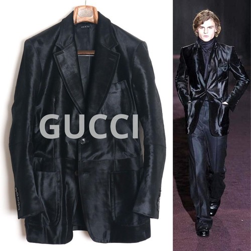 GUCCI 2005AW John Ray Era Calf Hair Pony Leather Tailored Blazer Jacket Black