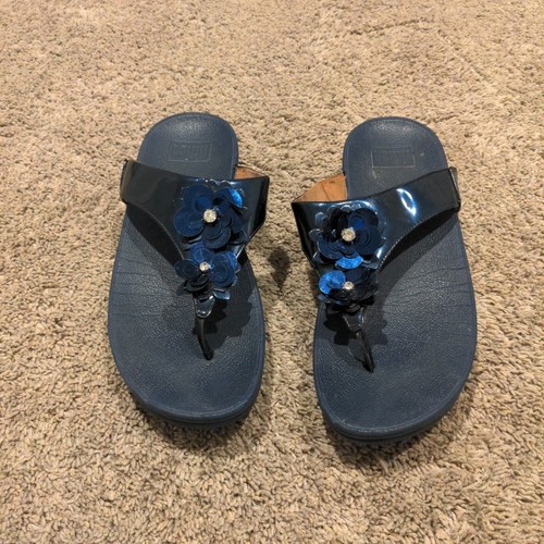 FitFlop Sandals Womens 10 Lulu Flower Thong Blue Toe Post Casual N93 632