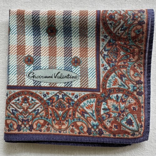 VALENTINO Handkerchief VTG Cotton Brown Shepherd's Check Border Floral Pocket Square 18"