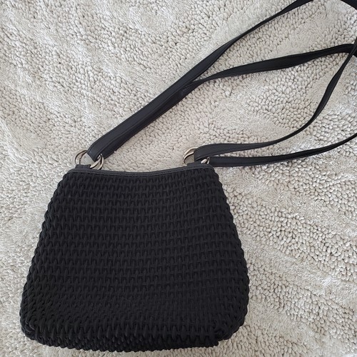 STATE BAGS 111 STATE Woven Black Fabric Handbag Silver Rings Double Straps Snap 7" x 9" EUC
