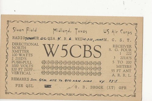 1931 W5CBS Sloan Field Midland Texas U.S. Air Corps QSL Radio postcard