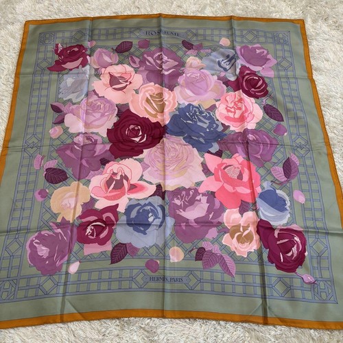 HERMÈS Hermes Roseraie Silk Scarf 90in Orange Green Excellent U No Box Auth