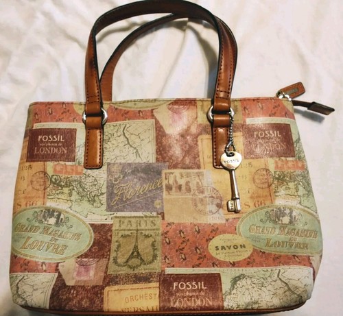 Fossil Keyper Green Brown Leather Travel Stamp Themed Top Handle Tote Bag Purse