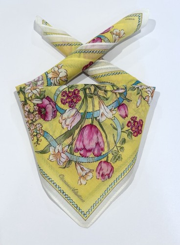 WOMEN HANDKERCHIEF FLORAL Yellow Tulip Nature Bandana Valentino COTTON SQAURE16”