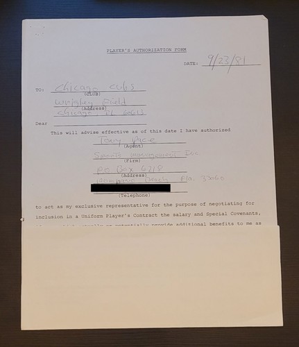 ALEX PERRY CHICAGO CUBS DOUG BIRD PLAYER AUTHORIZATION FORM 1981 AWESOME