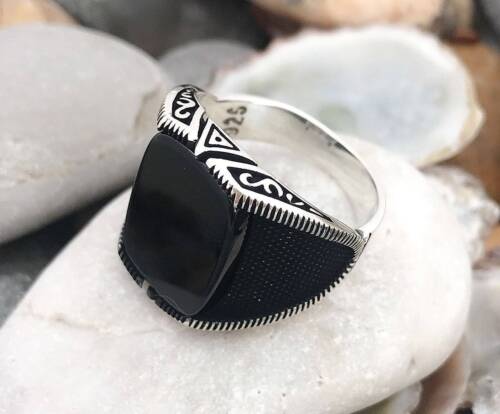 Sterling Silver Mens Ring Black Agate Men Ring Mens Agate Ring Black Stone Men