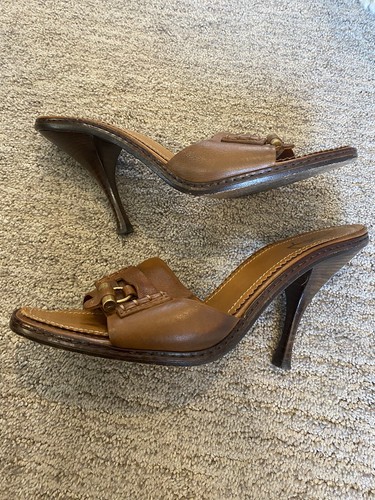 SAINT LAURENT Autentici sandali YSL in pelle marrone marrone marrone con tacco a spillo in legno misura 40