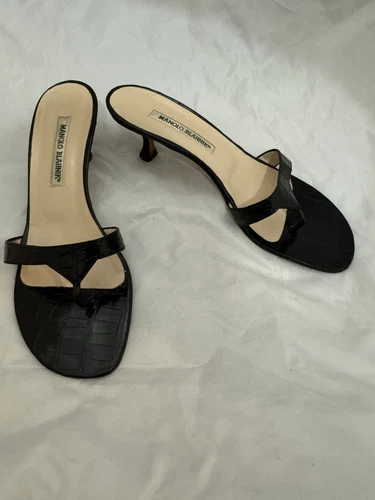 Manolo Blahnik black ALLIGATOR CROCODILE kitten heel sandals size 39.5