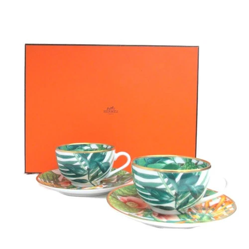 HERMÈS Hermes Passifolia Tea Cup Saucer Tableware 2 set Green Botanical Coffee Auth New