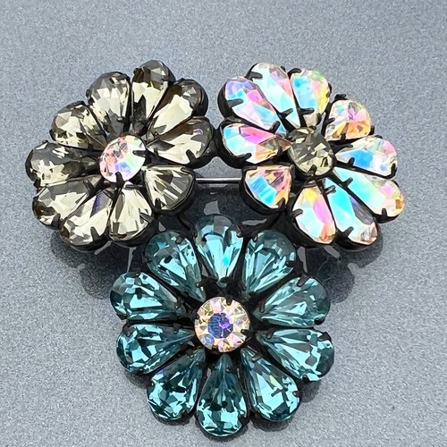 DIOR Vintage Sherman Rhinestone Three Flower Black Japanned Brooch Blue AB Champagne