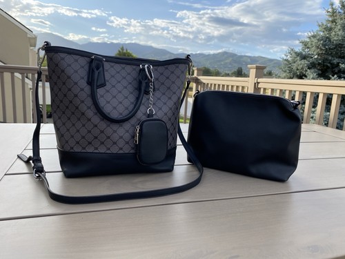 STEVE MADDEN SM LOGO Crossbody Tote Bag 3 Piece Set Black Gray