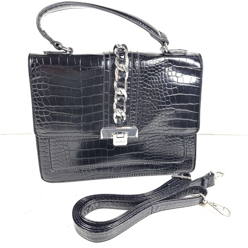 Aldo Dallamaraen Top Handle Bag Crossbody Satchel Faux Croc Patent Leather Black