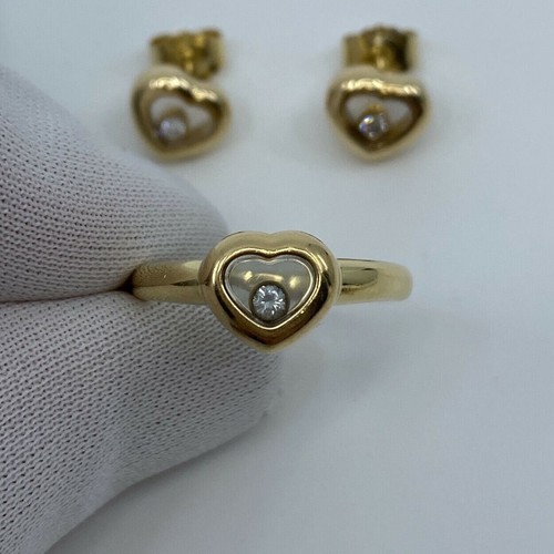 Vintage Chopard Happy Diamonds Icon 18k Yellow G Heart Ring & Earrings Set
