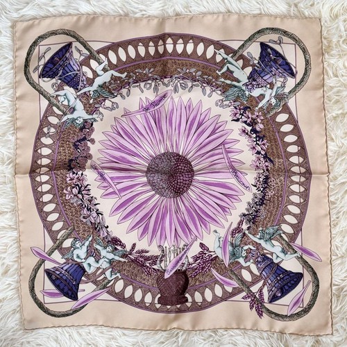 HERMÈS Hermes Amours Scarf 42cm Floral Angel Design Pastel Pink Purple Silk Like