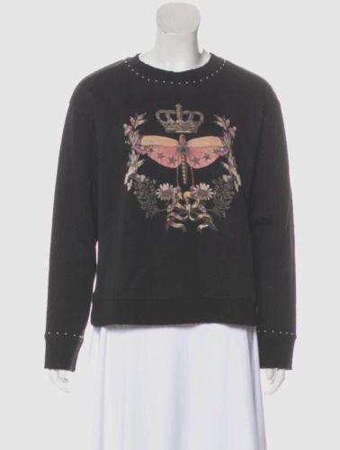 Red Valentino Dragonfly Print Studded Starred Black LS Crew Neck Sweatshirt L