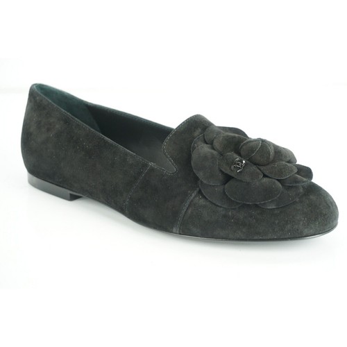 Chanel Black Suede Camellia Flower Ballet Flats Size 35 $775 NIB 17B