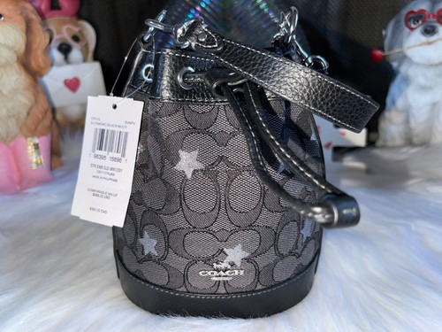 Coach Dempsey secchiello con coulisse mini borsa SigJacquard stella ricamo FUMO NERO