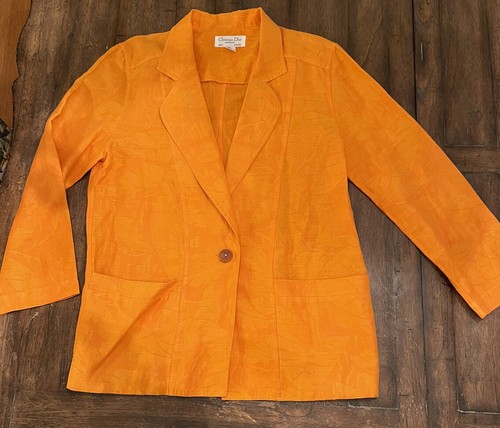 christian dior Vintage 1 Button Linen 2 Pockets orange floral blazer jacket