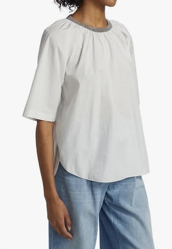 $1850.BRUNELLO CUCINELLI Monilli Embellished Gathered Cotton Blo Shirt XS