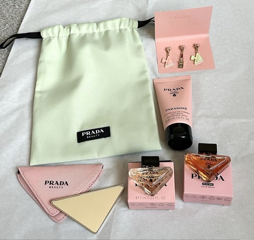 6PC PRADA Paradoxe Intense EDP Mini 7ml Body Lotion Makeup Mirror Charms & Pouch