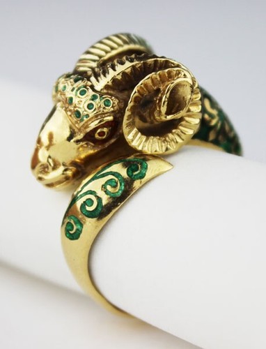 Ancient Greek Inspired Ram Head 18k Yellow Gold Ring with Green Enamel Details