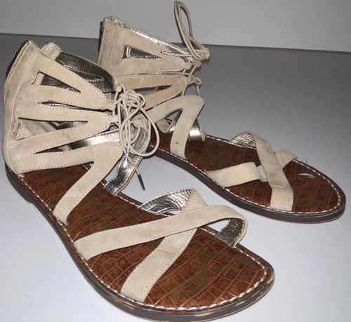 SAM EDELMAN Katya Beige Pelle Gladiatore Piatti Lacciati Cerniera Donna 9 5 M