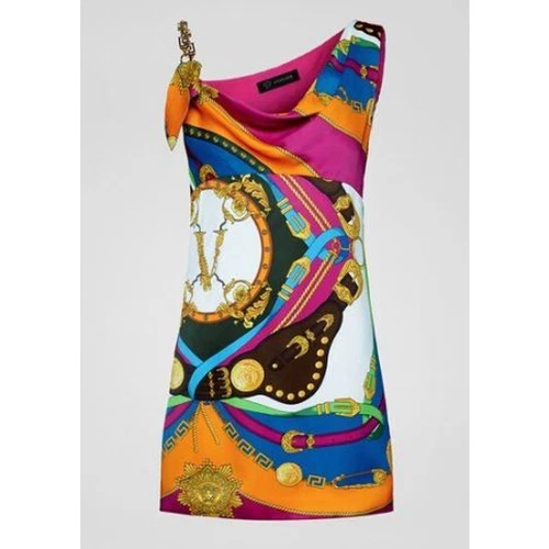 Gianni Versace Chain Link Mixed Print Draped Mini Dress Multi Women's 36   US 2