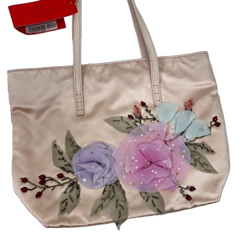 VALENTINO GARAVANI Bag Handbag Pink Satin Floral 3D Appliqué Beaded Tote NWT