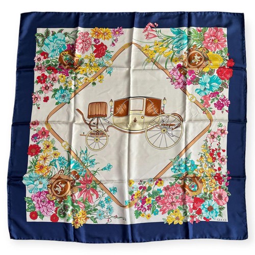 Gucci Vintage Flora Silk Scarf Blue Large Excellent U No Box