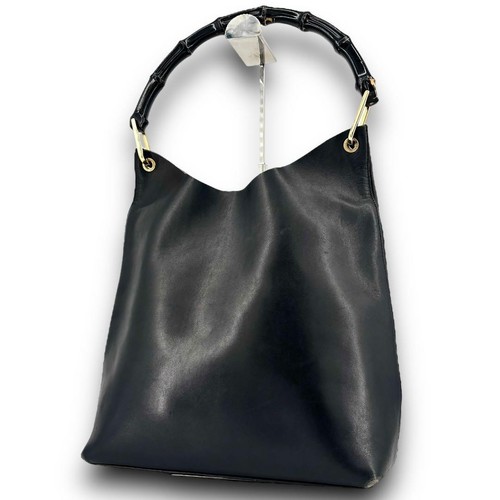 GUCCI Handbag Bamboo Handle Silver Hardware Leather Black W  Pouch 83347K Authen