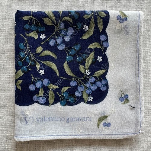 VALENTINO Vintage Handkerchief Cotton Pattern Berry Purple Branches & Flower Art Hanky 16"