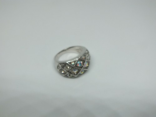 Stunning Chunky Cocktail Ring Silver Tone AB Rhinestones Size 7 Signed LS