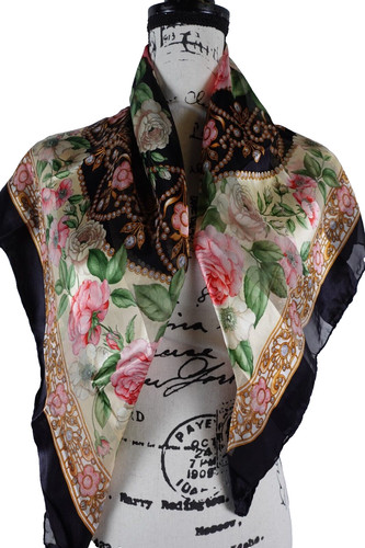Valentino Womens Scarf Silk Square Italy Colorful Fun 34x34 Floral Roses Pearls