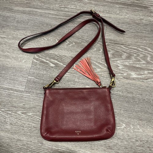 Fossil Crossbody Purse Soft Pebbled Leather Tassel Burgundy G Accents