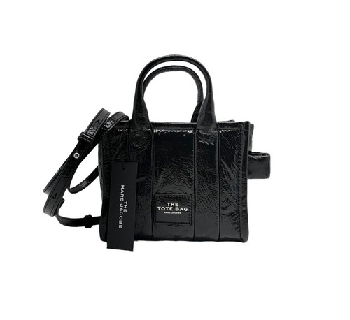 Borsa a tracolla Marc Jacobs New The Mini nera lucida in pelle di agnello arricciata