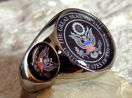 PRESIDENTIAL SEAL RING USA EAGLE CREST ARMY SILVER PIN PATCH UNITED [N76 STEEL]