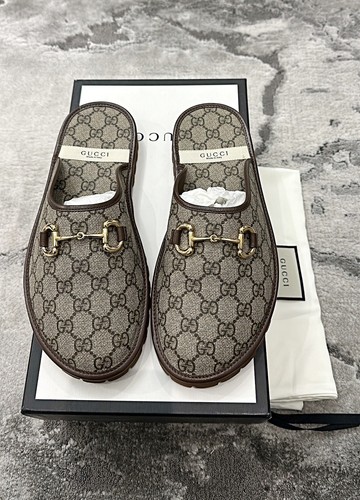 Authentic Gucci Supreme Canvas Brown Mens Leather Clog Mule US8.5 EU42 UK8
