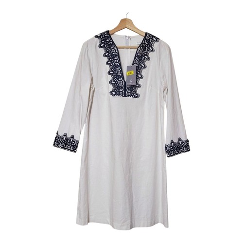 HERON PRESTON Preston & York Linen Blend Tabitha Embroidery Dress White Navy Tunic Size S 6