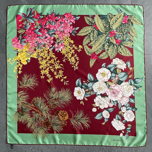vintage VALENTINO burgundy silk scarf Floral with green border print size 34"